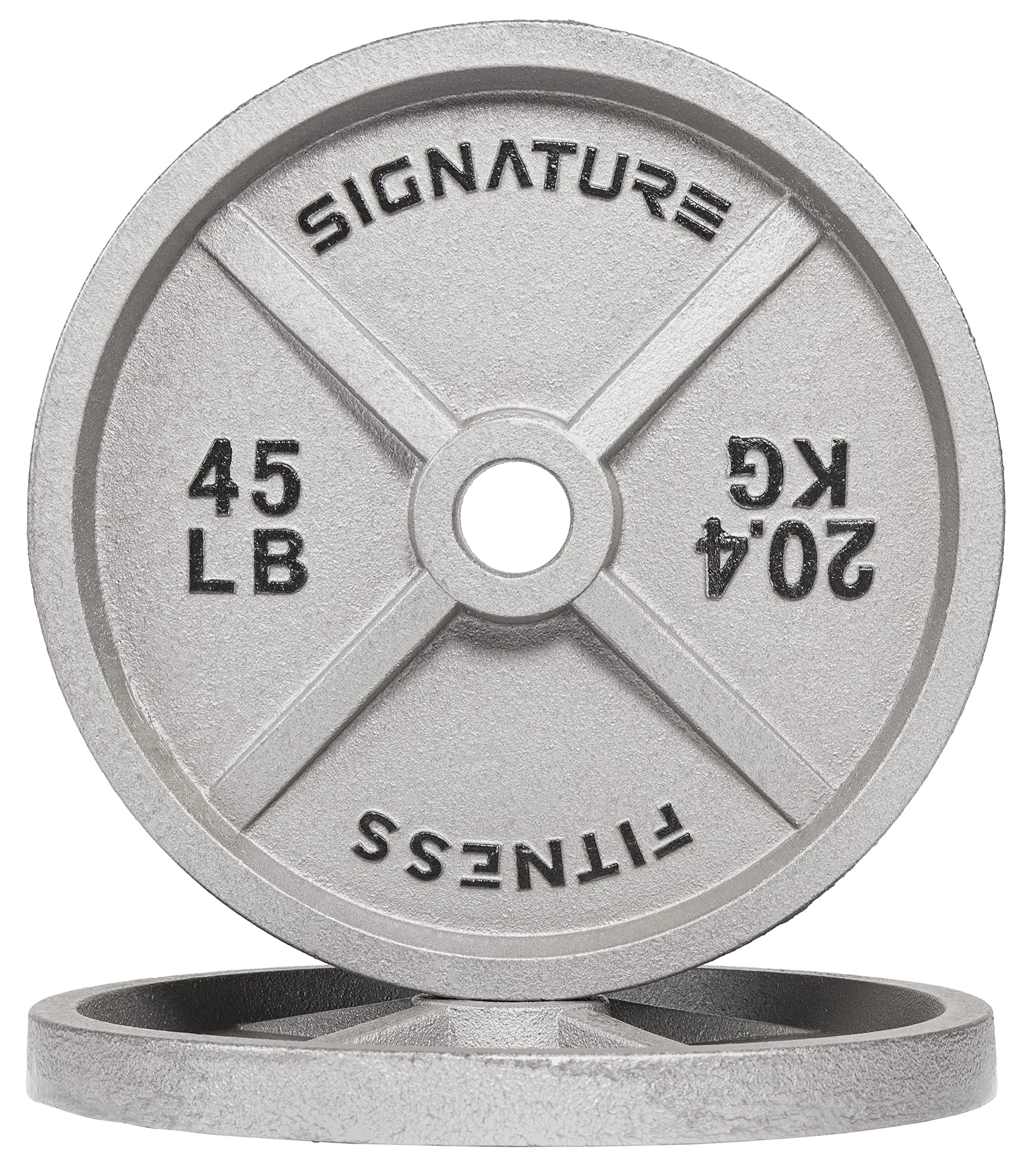 Signature Fitness Deep Dish 2-Inch Olympic Cast Iron Weight Plates with E-Coating in Black or Silver Gray