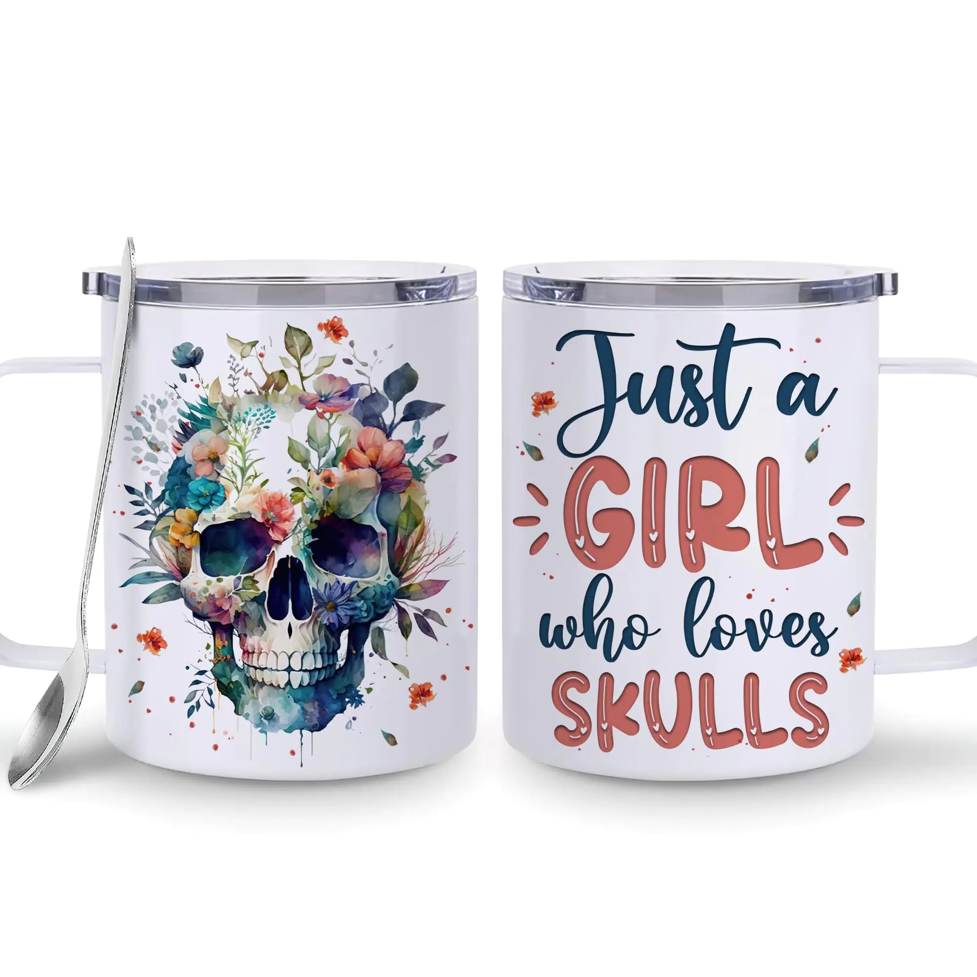 Hyturtle Skull Cup Gifts Skull Lovers - Just A Girl Who Loves Skulls Coffee Mug Stainless Steel 12oz - Goth Gifts For Women - Cute Gothic Lover Gift For Her Girls Daughter On Birthday Christmas