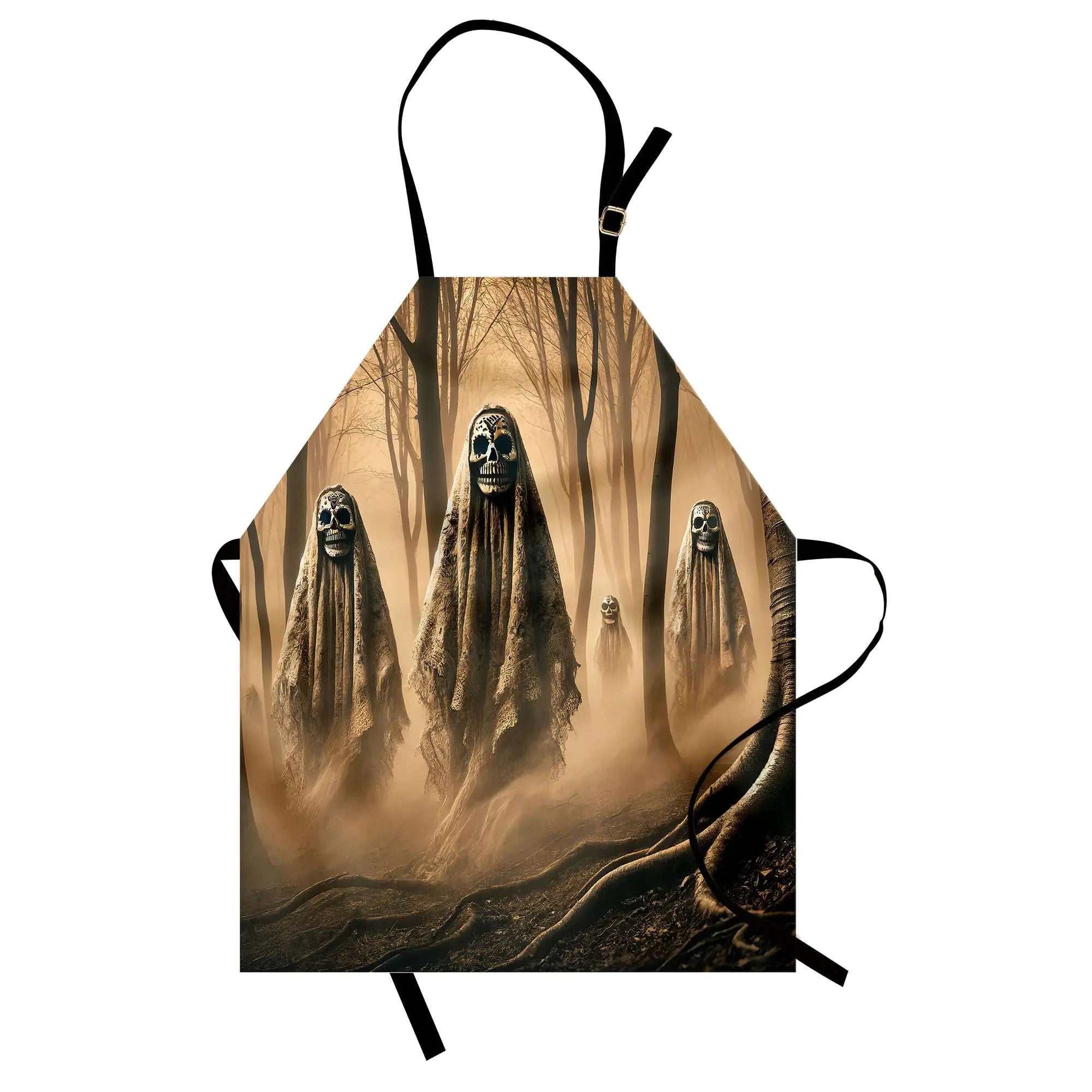 Ambesonne Halloween Apron Scary Ghosts in an Idyllic Haunted Forest Foggy Woods Day of the Dead Skulls Unisex Kitchen Bib with Adjustable Neck for Cooking Gardening Adult Size Ecru Dark Sepia
