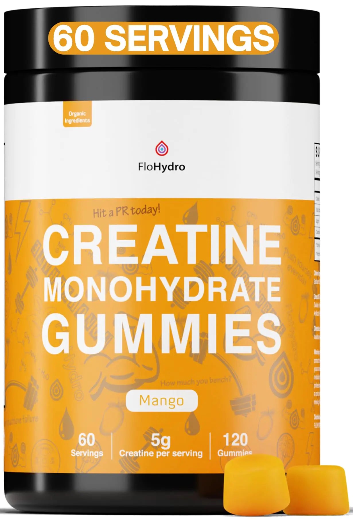 FloHydro Creatine Monohydrate Gummies | 60 Servings | 5g Creatine Monohydrate per Serving | 120 creatine Gummies with Zero Sugar | All Organic Ingredients - MUSCLEXXX STORE