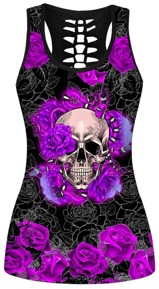 Sister Amy Womens Skull Print Hollow Out T-Shirt Crew Neck Plus Size Tank Top Skulls XL
