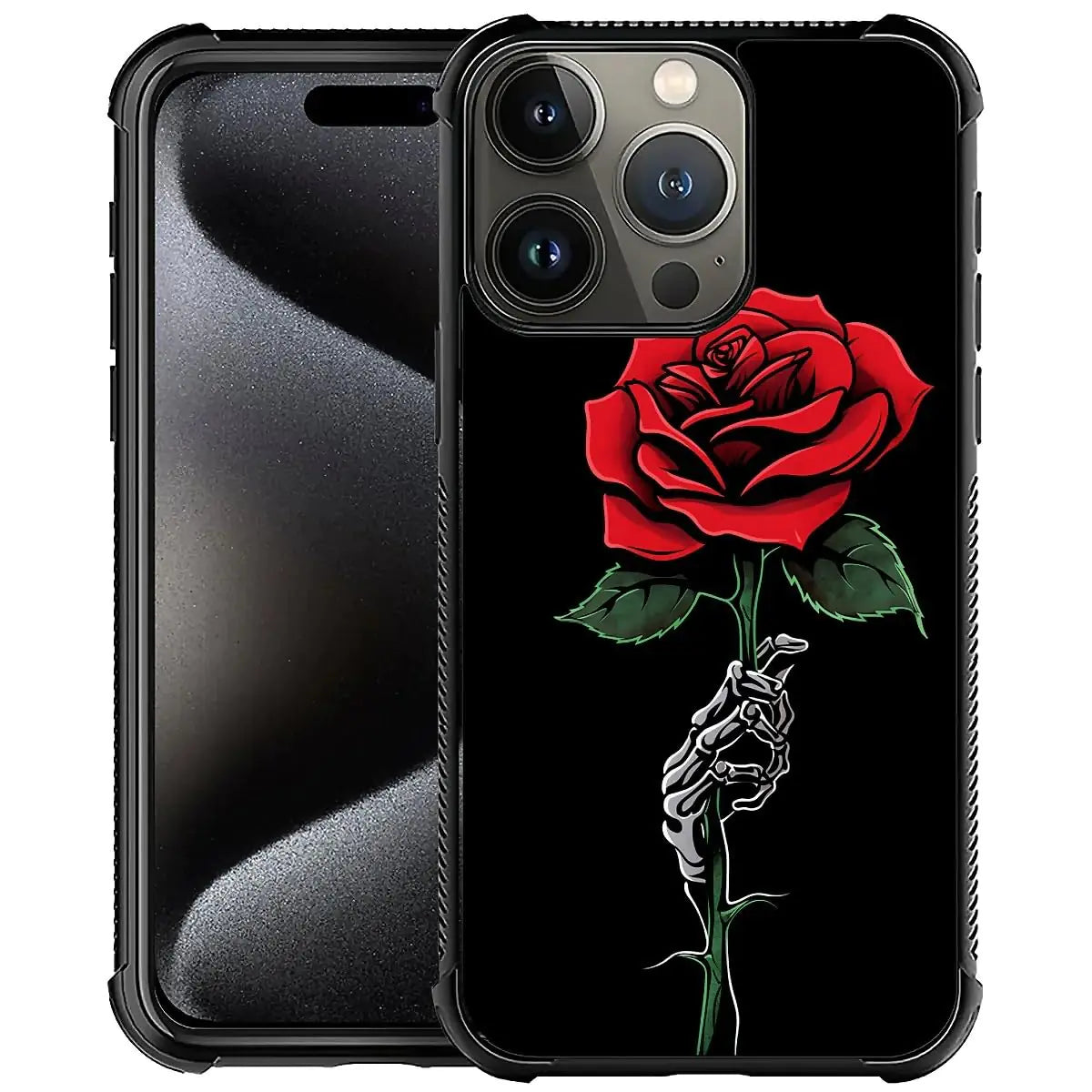 CARLOCA Compatible with iPhone 16 Pro CaseSkull Skeleton Holding Rose Cases for Girls BoysFashion Graphic Design Shockproof Anti-Scratch Drop Protection Case for iPhone 16 Pro Case