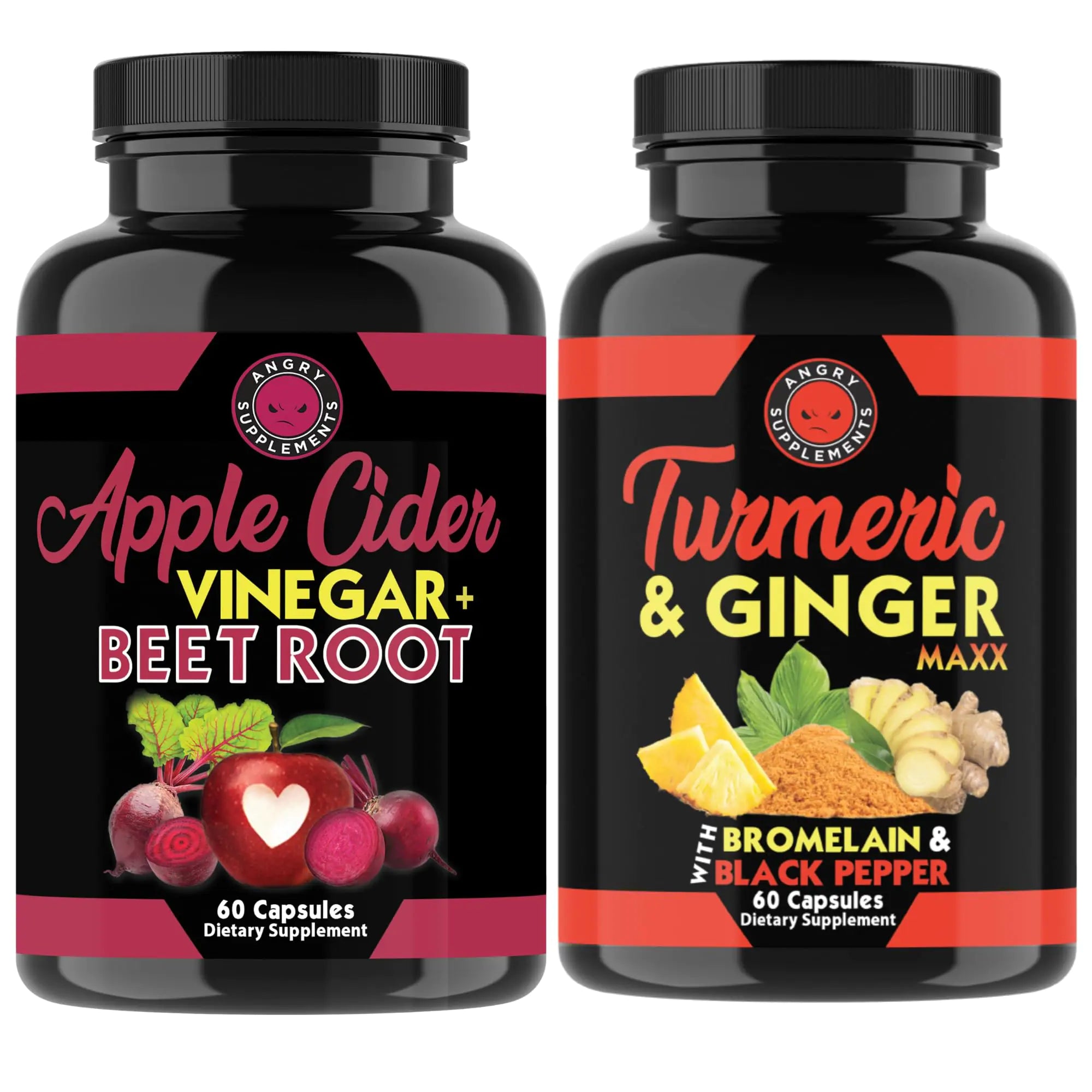 Angry Supplements Apple Cider Vinegar + Beet Root Powder 60ct Capsules & Turmeric Ginger Maxx 60ct Capsules Joint Support Digestive Health for Men and Women Combo Pack (120ct Total) - MUSCLEXXX STORE