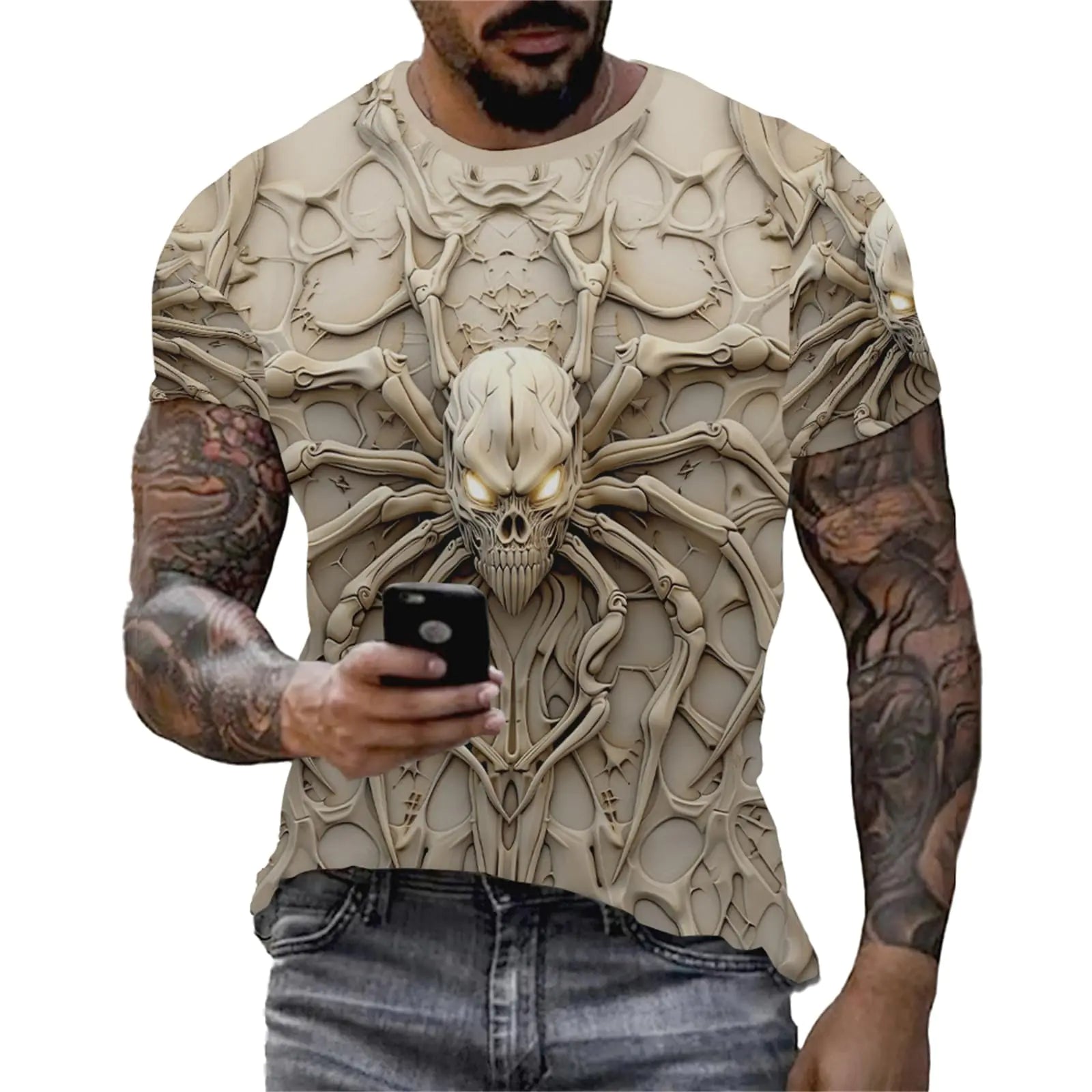 Wifru Graphic Tees Men Gold Eyes Skull Skeleton Print Personality Short Sleeve T-Shirt Novelty Pattern Horror Breathable Top-L