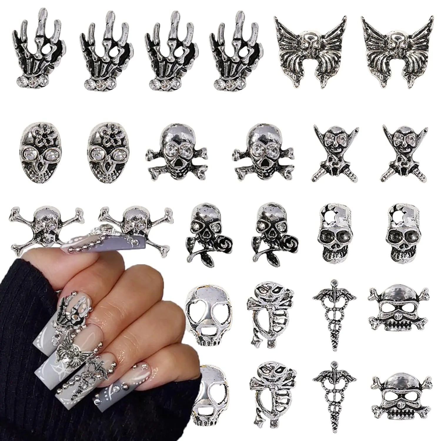 30pcs Halloween Nail Charms 3D Silver Nail Art Rhinestones Bat Hand Skeleton Nail Jewelry Gems Shiny Alloy Designs Skull Nail Art Charms for Acrylic Nails Supplies DIY Gothic Nail Art Decorations