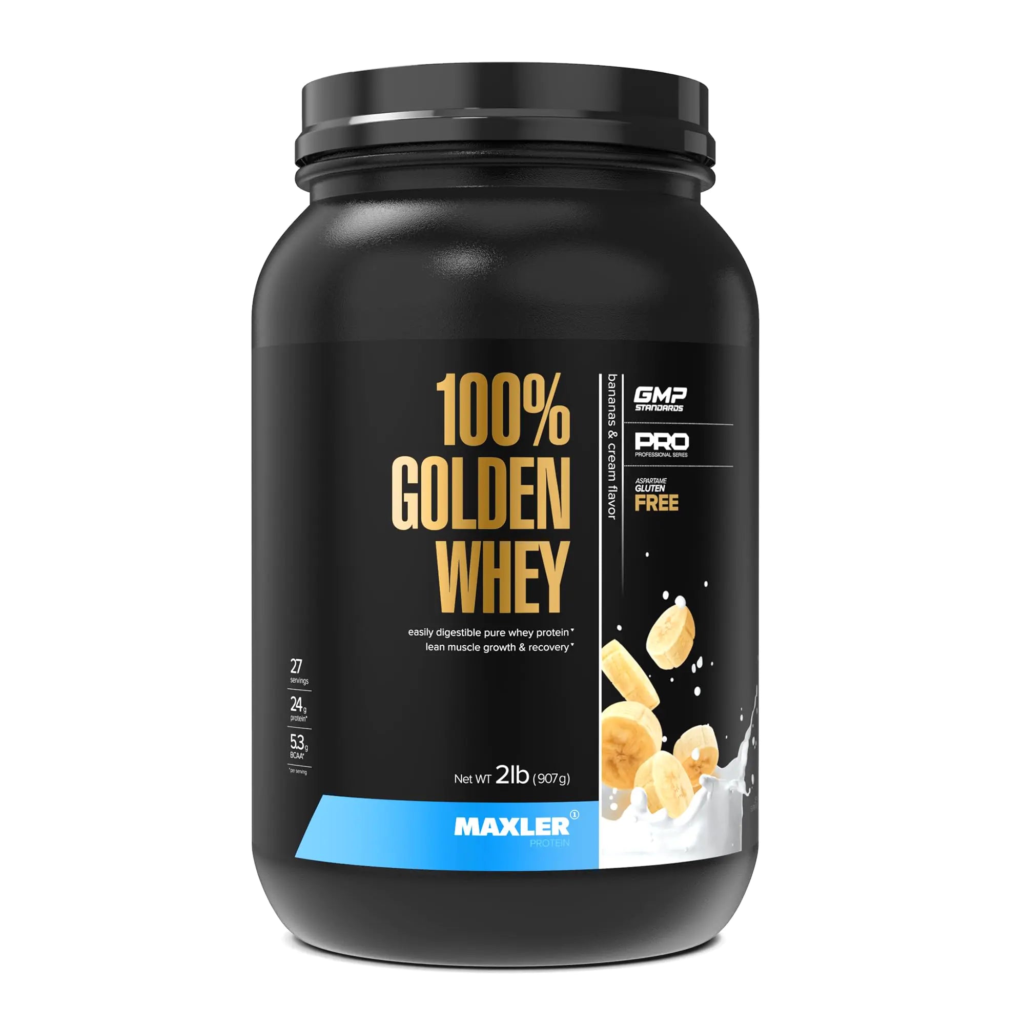 Maxler 100% Golden Whey Protein - 24g of Protein per Serving - Premium Whey Protein Powder for Pre Post Workout - Fast-Absorbing Whey Concentrate Isolate & Hydrolysate Blend - Bananas & Cream 2 lb - MUSCLEXXX STORE