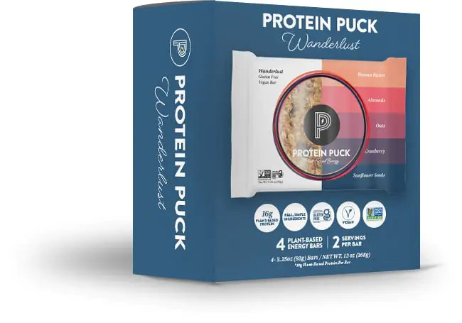 Protein Puck Plant Based Bars | Snacks with 12 grams of Vegan Protein | Gluten Free Non Dairy Kosher Certified Non GMO Premium Healthy Bars | Wanderlust 4 Count (1 Pack)