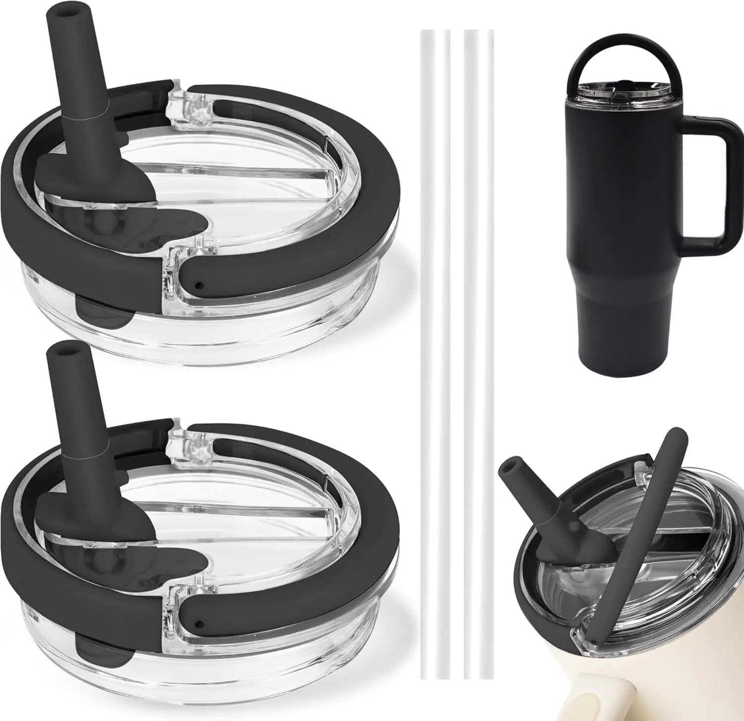 2 Pack 40 oz Tumbler Flip Straw Lid Replacement fit for Stanley Quencher Leak-Proof Splash Resistant Tumbler Lids with HandleReusable Tumbler Cover for Stanley Cup (Black)