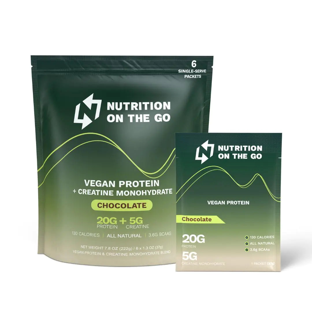 Nutrition On The Go Chocolate Vegan Protein Powder with Creatine - 20g Protein 5g Creatine - Single-Serve Packets for Travel Gym On-The-Go Dairy-Free Gluten-Free All-Natural - (6-Pack)