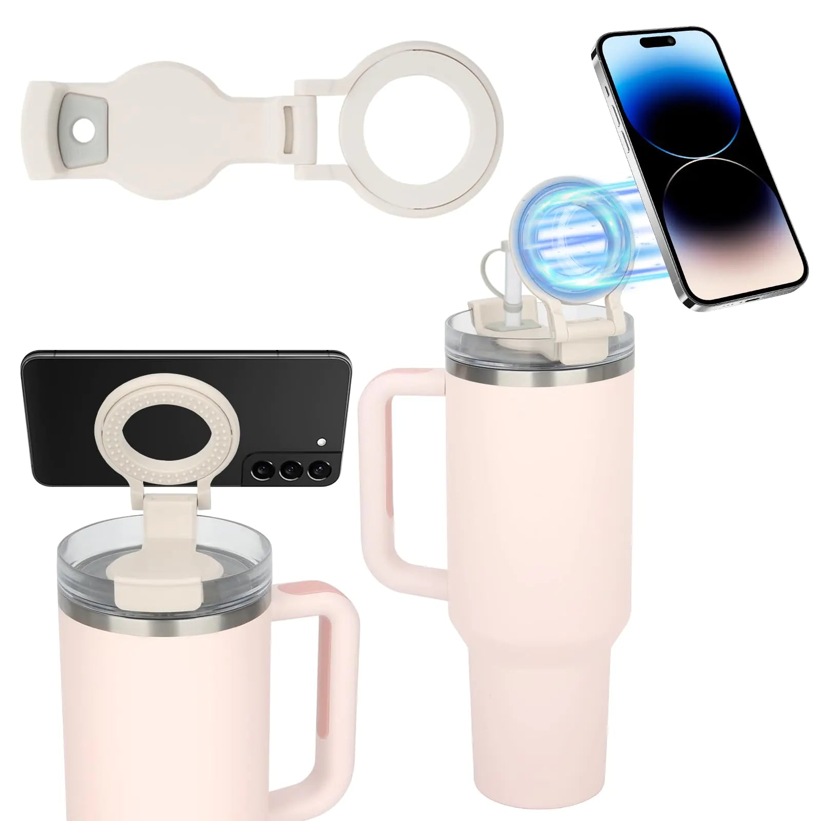 JAYOBGO Magnetic Phone Holder for Stanley 40oz Tumbler Water Bottle Phone Holder fit for MagSafe Stanley Cup Accessories Replacement lid Phone Tripod for Stanley Quencher H2.0 with Handle White