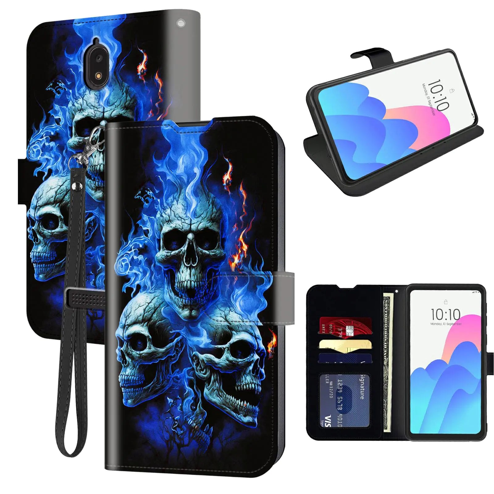 for BLU View 2 Case Wallet for BLU View 2 B130DL B131DL Phone Case with Card Holder SlotLeather Flip Cover w/Kickstand+RFID Blocking+Magnetic Snap-Blue Fire Skulls Gothic Art