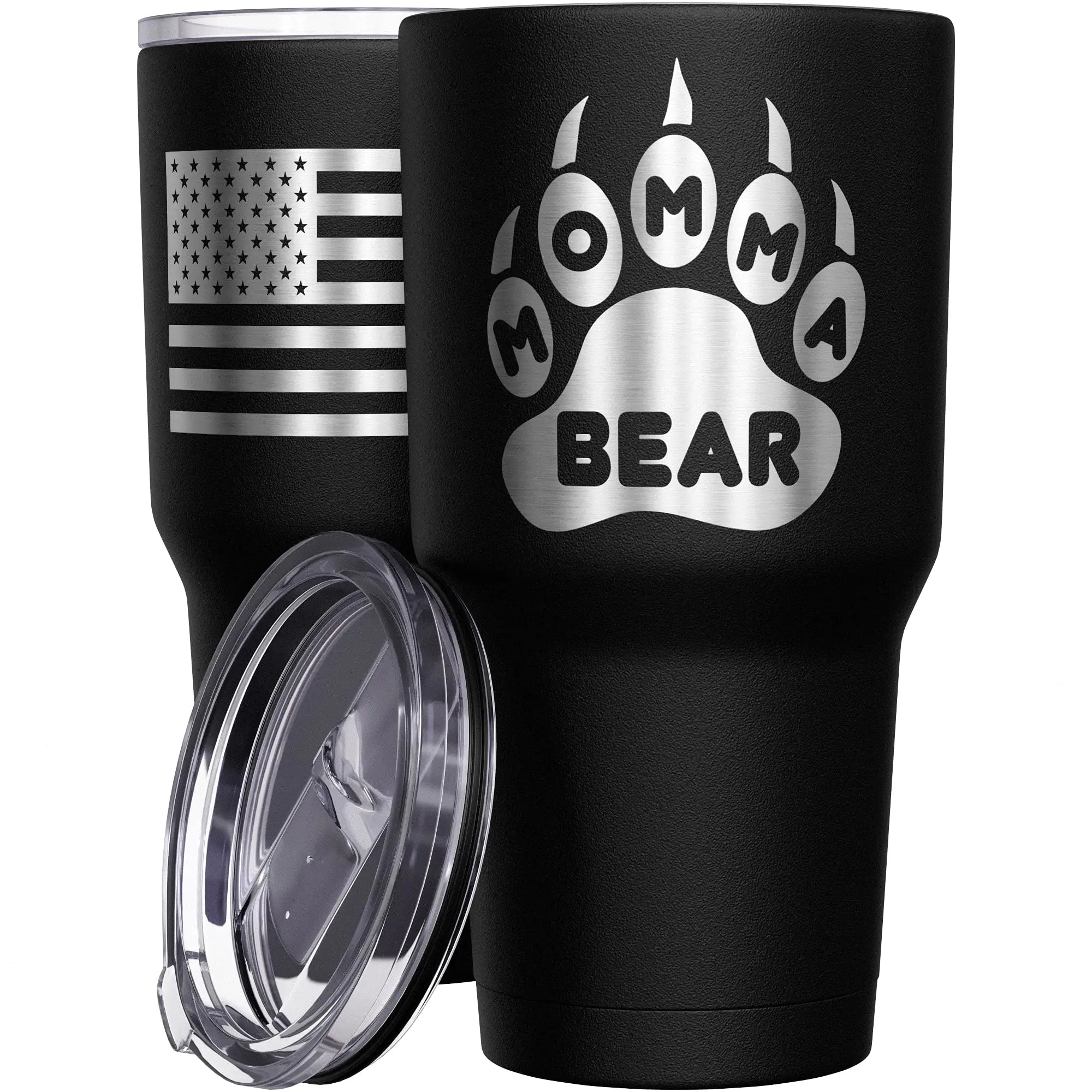 We The People Holsters - Momma Bear Paw - Coffee Tumbler - American Flag Coffee Travel Mug - Engraved Tumbler - Double Insulated Tumbler - 30 oz