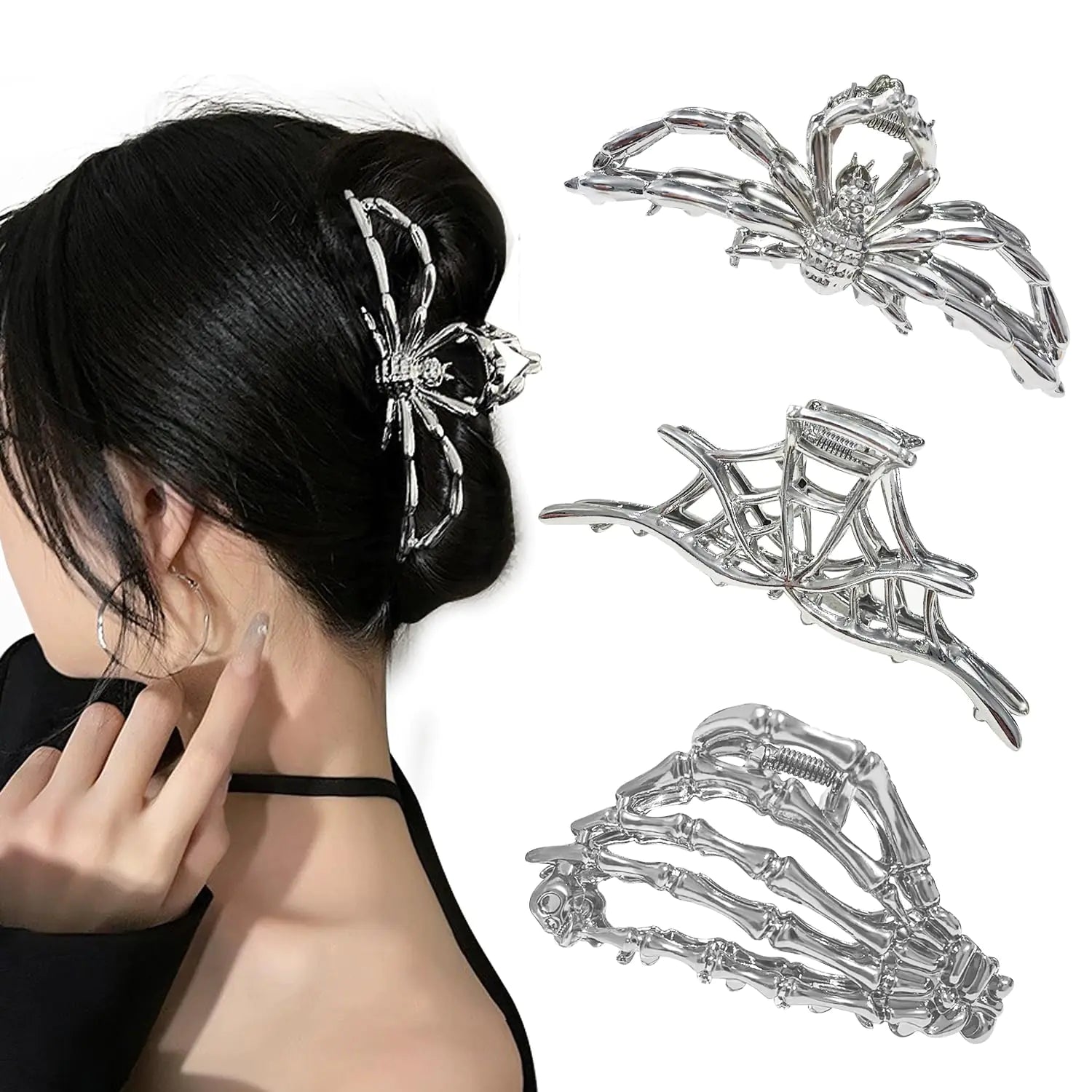 Parcce 3 Pieces Large Metal Spider Net Hand Hair Claw Clips for Women and Girls Thick Long Hair Nonslip Skeleton Spooky Barrette Headband Hair Styling Accessories for Halloween Christmas Gifts