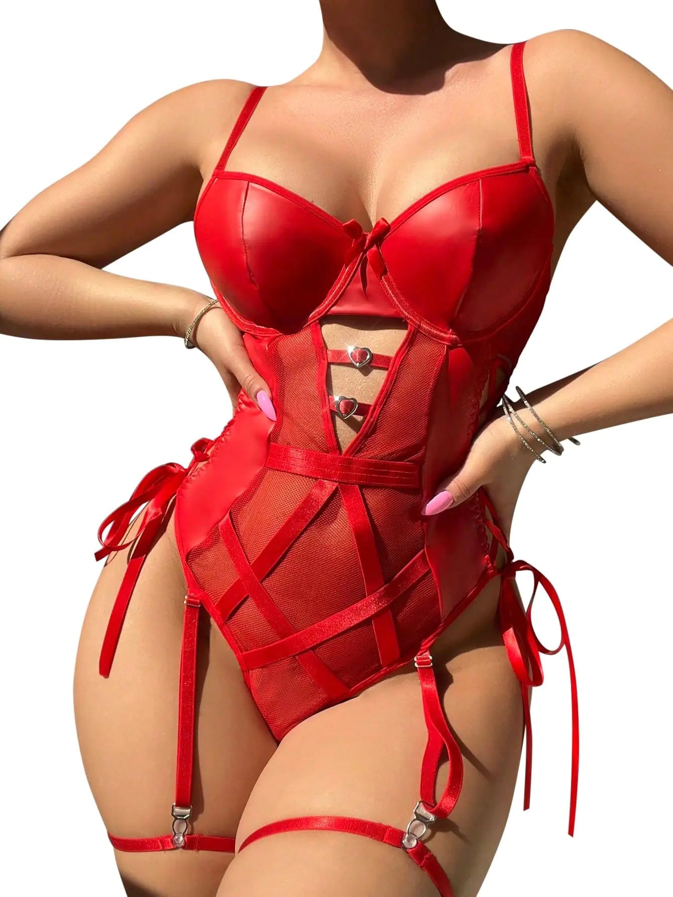Foxiny Sexy Strappy Lace Up Underwire Sheer Leather Garter Belt Teddy Bodysuit Lingerie Top 2 Piece Set Women Push See Through Latex Outfits Red Small - MUSCLEXXX STORE