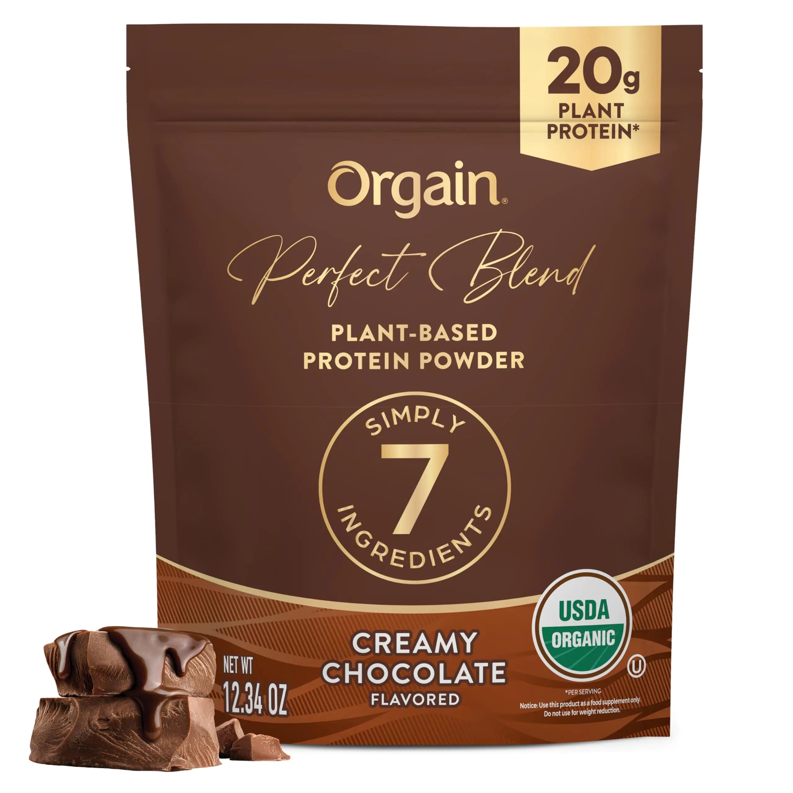 Orgain Organic Vegan Perfect Blend Protein Powder 20g Clean Plant Protein 7 Ingredients <1g Sugar Gluten Free Non-GMO; No Artificial Flavors Stevia Extract Dairy or Soy Ingredients- Chocolate