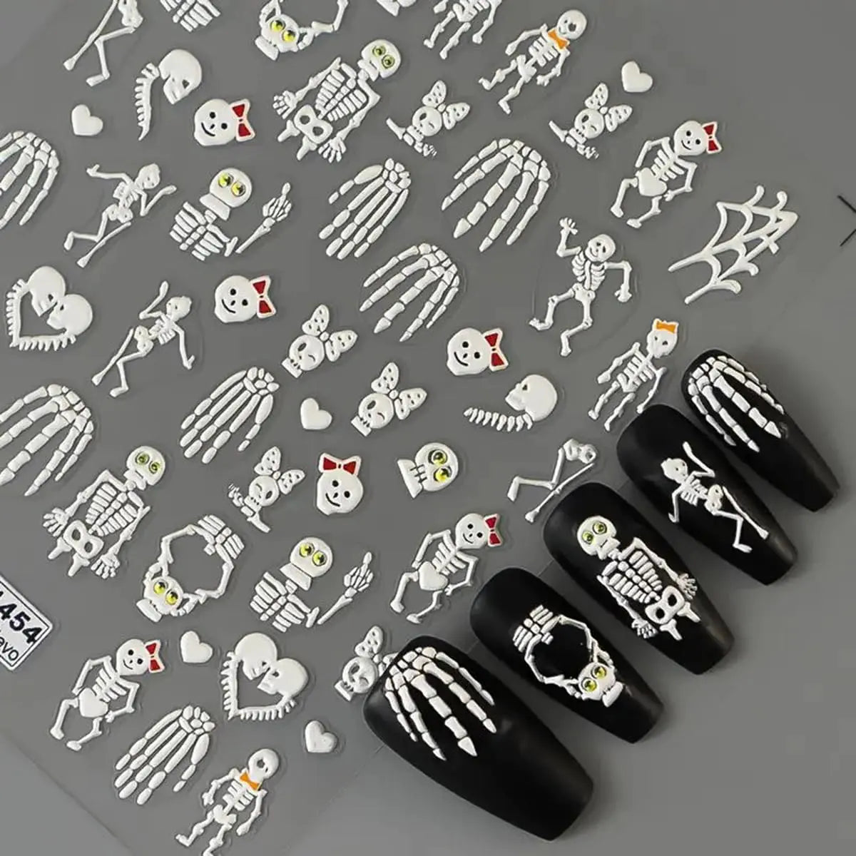 5D Embossed Skull Nail Art Stickers 2PCS Halloween Skeleton Nail Stickers 3D Self-Adhesive Acrylic Engraved Nail Decals Horror Halloween Nails Art Design Supplies for Women DIY Nail Art Decorations