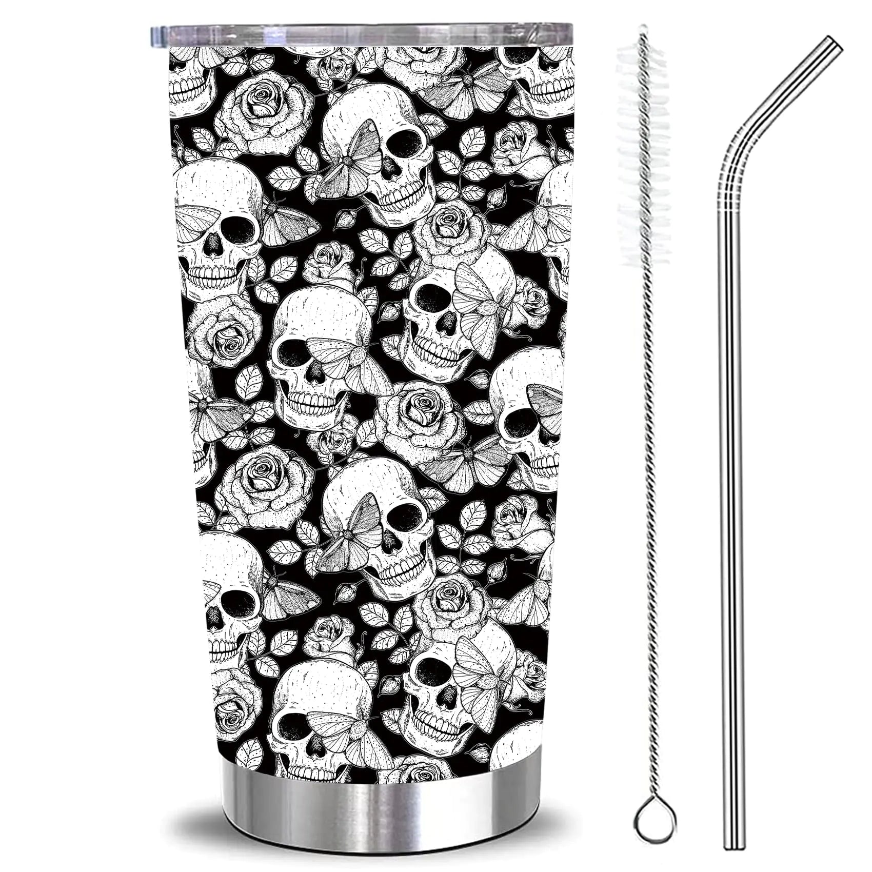 RNFENQS Skeleton Gifts Skull Floral Travel Tumbler Cup 20 OZ Stainless Steel Insulated Vacuum Calavera Coffee Mug With Lid and Straw for Men Women