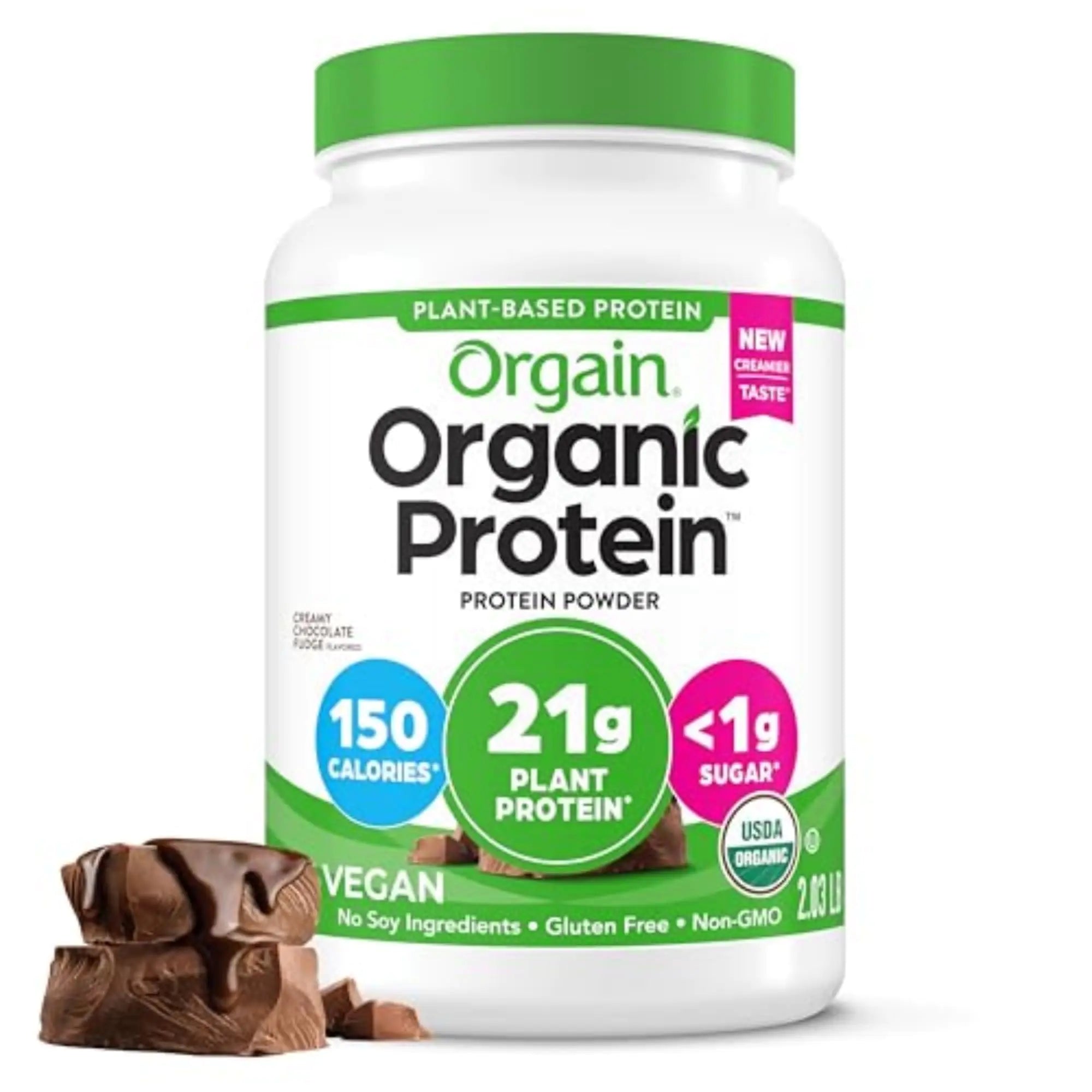 Orgain Organic Vegan Protein Powder Creamy Chocolate Fudge - 21g Plant Protein 7g Prebiotic Fiber Low Net Carb No Lactose Ingredients No Added Sugar Non-GMO For Shakes & Smoothies 2.03 lb