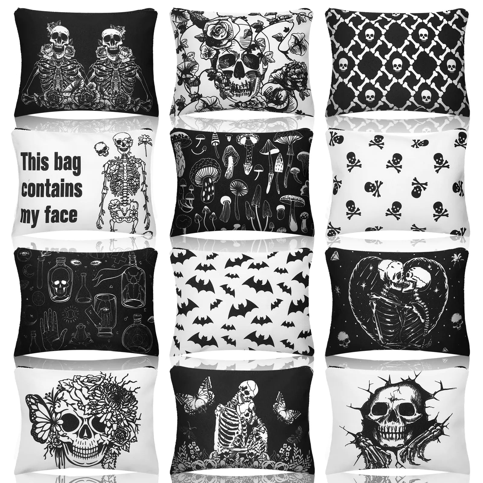 Kajaia 12 Pcs Gothic Skeleton Makeup Bags Halloween Cosmetic Bags Cute Portable Travel Purse Toiletry Bag Make up Organizer Storage Zipper Pouch Makeup Brush Bag for Women Adult Aesthetic Stuff