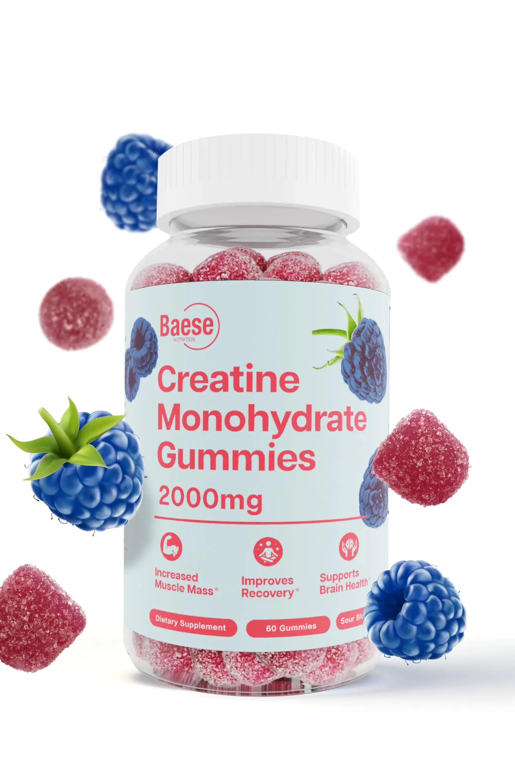Baese Nutrition Creatine Monohydrate Gummies for Men & Women - High Purity Sour Blue Raspberry- Chewable Creatine Infused Gummy for Muscle Strength & Energy Boost Bioavailable Pre-Workout Supplement - MUSCLEXXX STORE