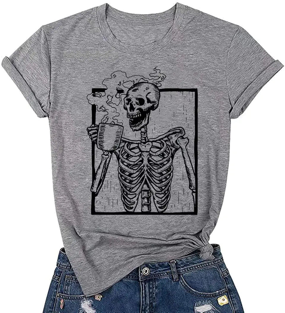 Hot Coffee Skeleton Shirt Women Halloween Skeleton Tshirt Funny Skull Graphic Tees Casual Fall Short Sleeve Tops (L Gray)