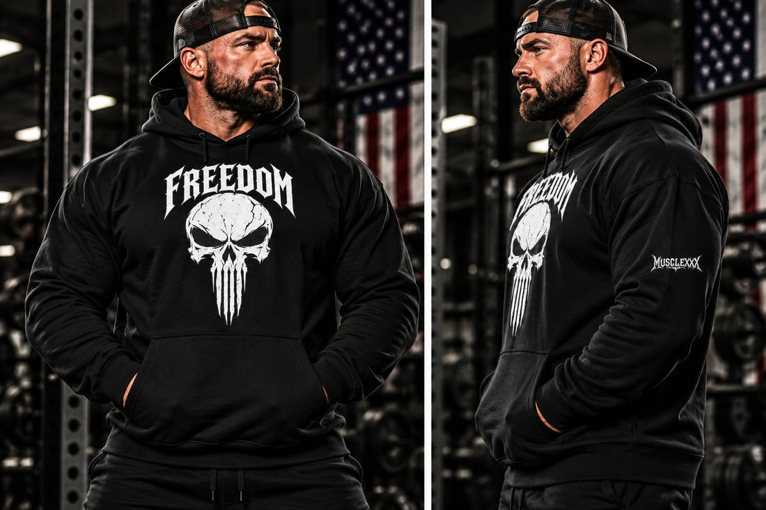 MUSCLEXXX Freedom Skull patriotic gym hoodie featured in American gym apparel guide