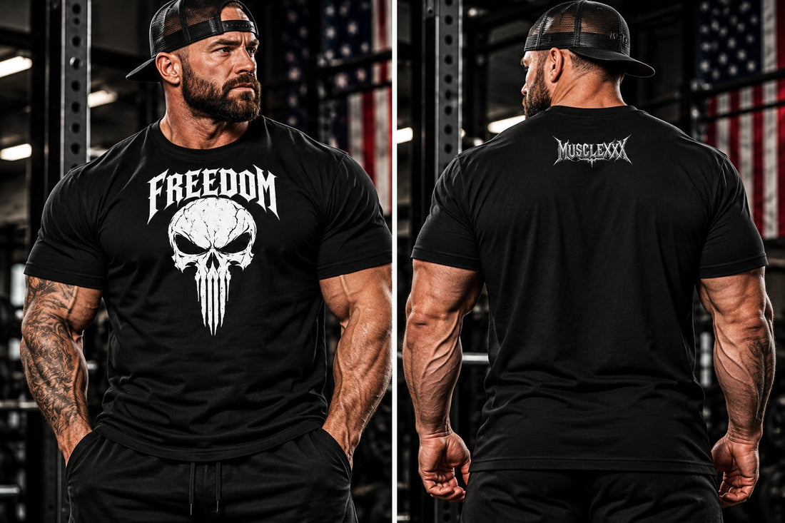 MUSCLEXXX Freedom Skull patriotic gym T-shirt featured in Freedom Skull apparel guide