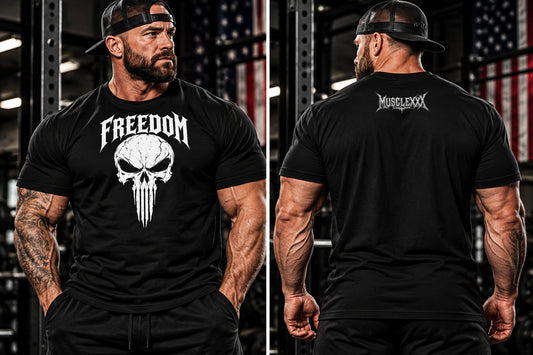 MUSCLEXXX Freedom Skull patriotic gym T-shirt featured in Freedom Skull apparel guide