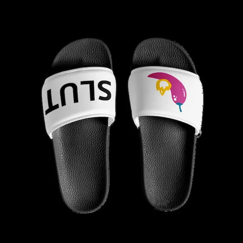 Bold & Spicy Summer Slides top view – black cushioned sole with colorful drip skull graphic on white strap | MUSCLEXXX