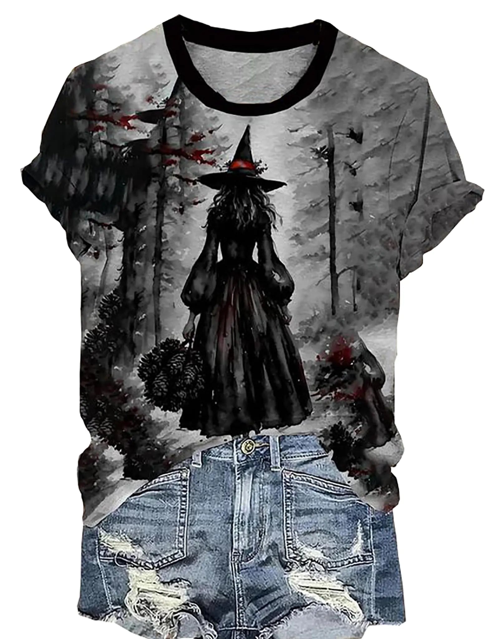 BOMYTAO Womens Halloween Witch Shadow Shirt Fall Midsummer Witches Gather T-Shirt Halloween Witch Novelty Graphic Tees(Multicolor5Large)