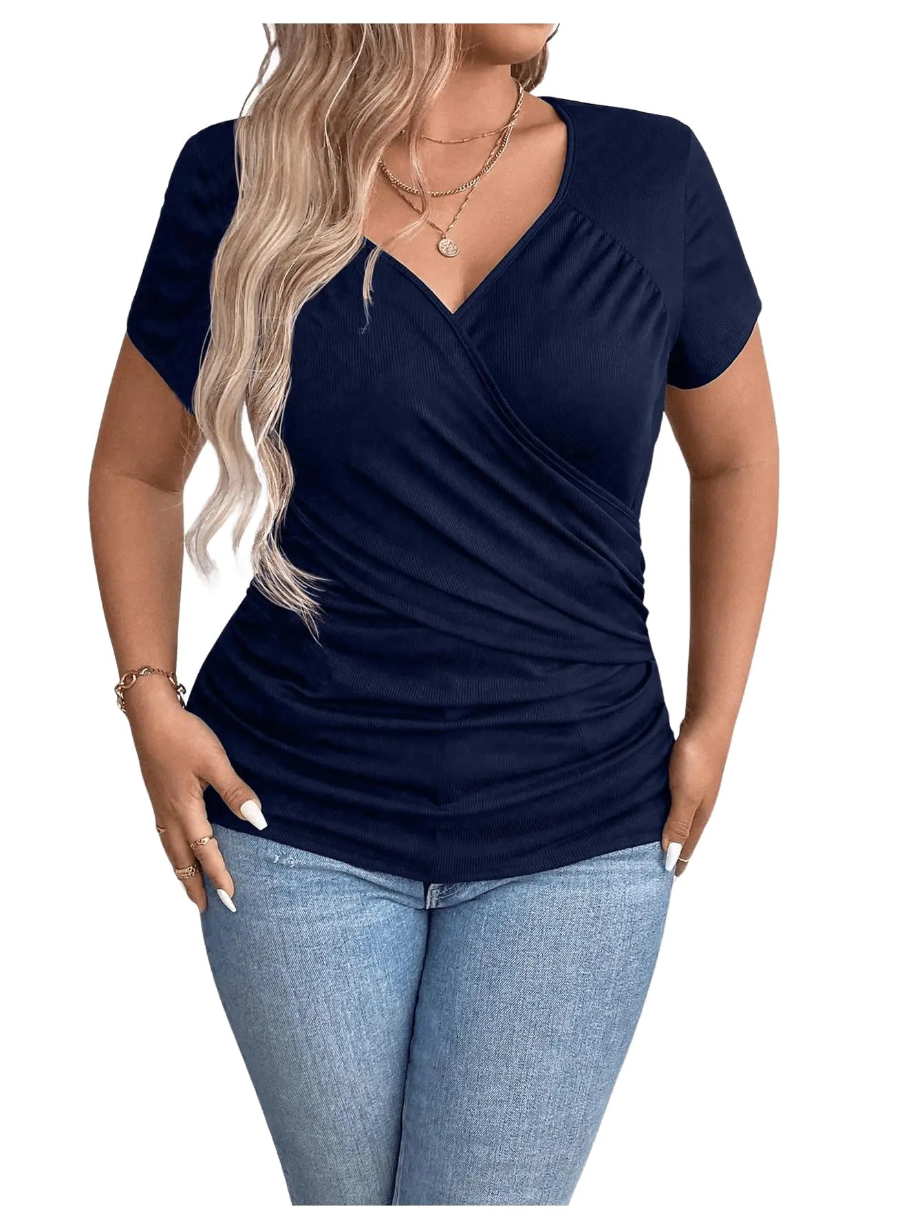 SOLY HUX Womens Plus Size T Shirts Summer V Neck Tops Ruched Wrap Short Sleeve Tees Dark Blue 2XL