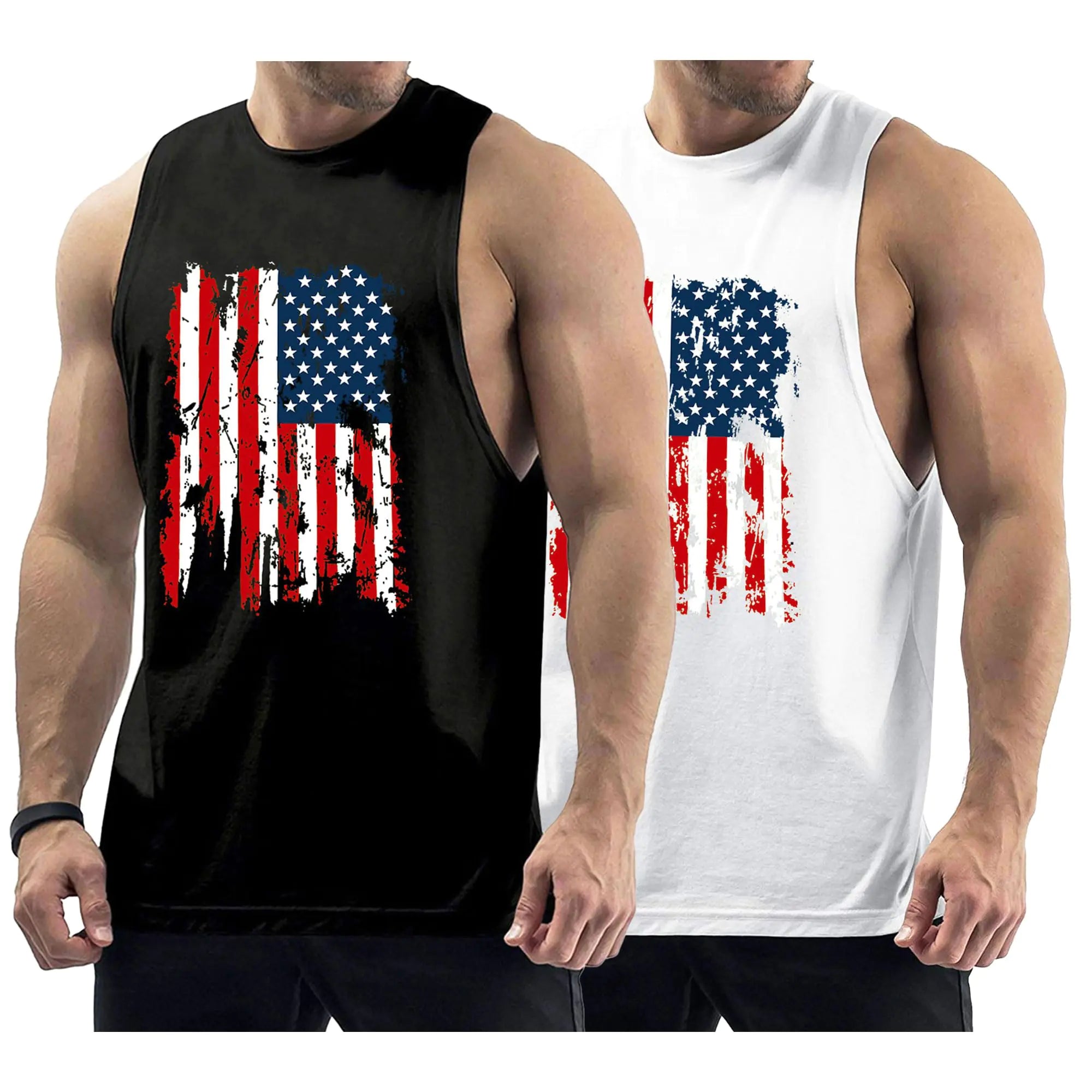 InleaderStyle Mens 2 Pack Workout Tank Tops Sleeveless Gym Muscle Tee Graphic American Flag Shirt - BK+WT-XL