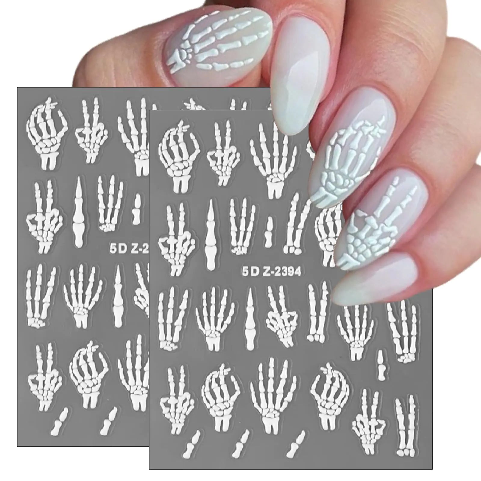 Halloween White Skull Nail Art Stickers Decals 5D Embossed Skeleton Nail Decals Finger Skeleton Design Halloween Nail Stickers Nail Art Supplies for Women Girl Halloween Manicure Decorations 2Pcs