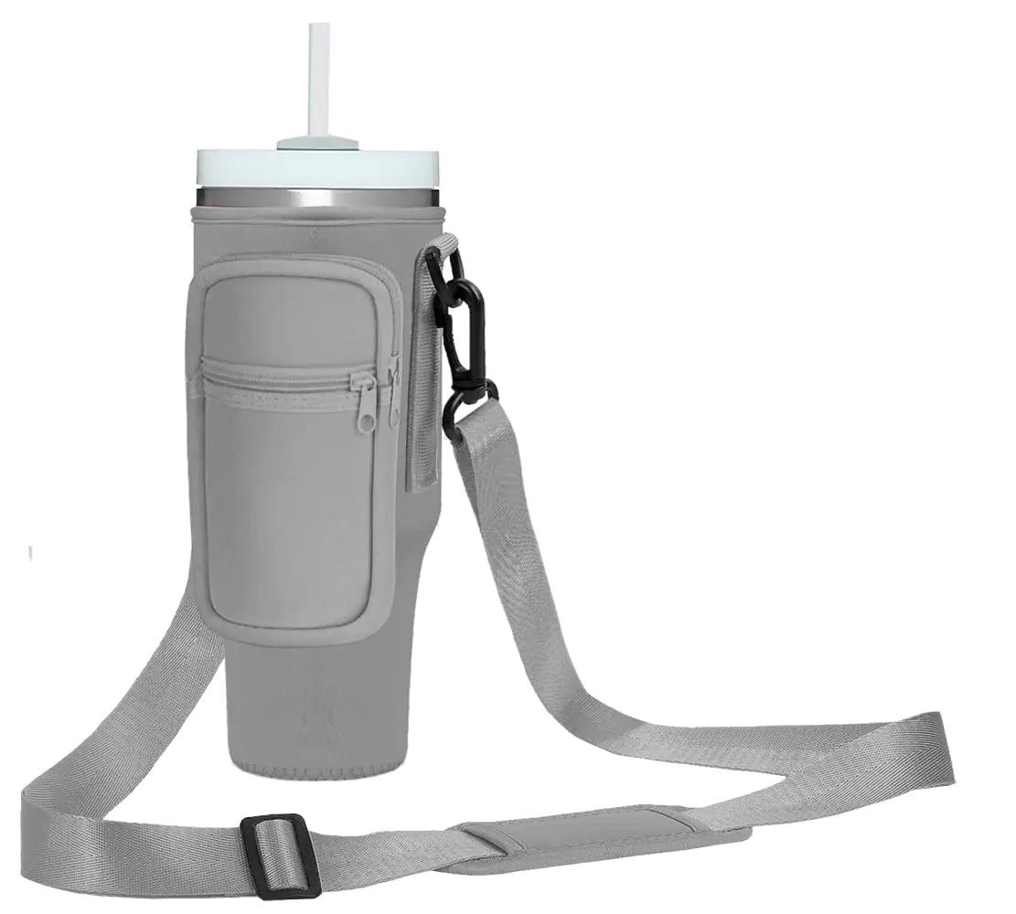 Momocici Cup Holder Carrier Bag with Strap and Pouch for Stanley Quencher 30oz Tumbler. Cup Crossbody Holder Bag Compatible with Stanley Cup for Hiking Travelling Camping.(Gray)