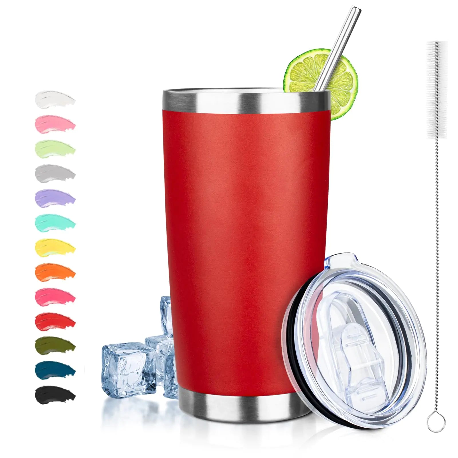 ATIKZHE 20oz Tumbler with Straw and Brush Stainless Steel Vacuum Insulated tumbler Double Wall Insulated Coffee Tumbler for Outdoor Home TravelOffice (Bright red1pcs)