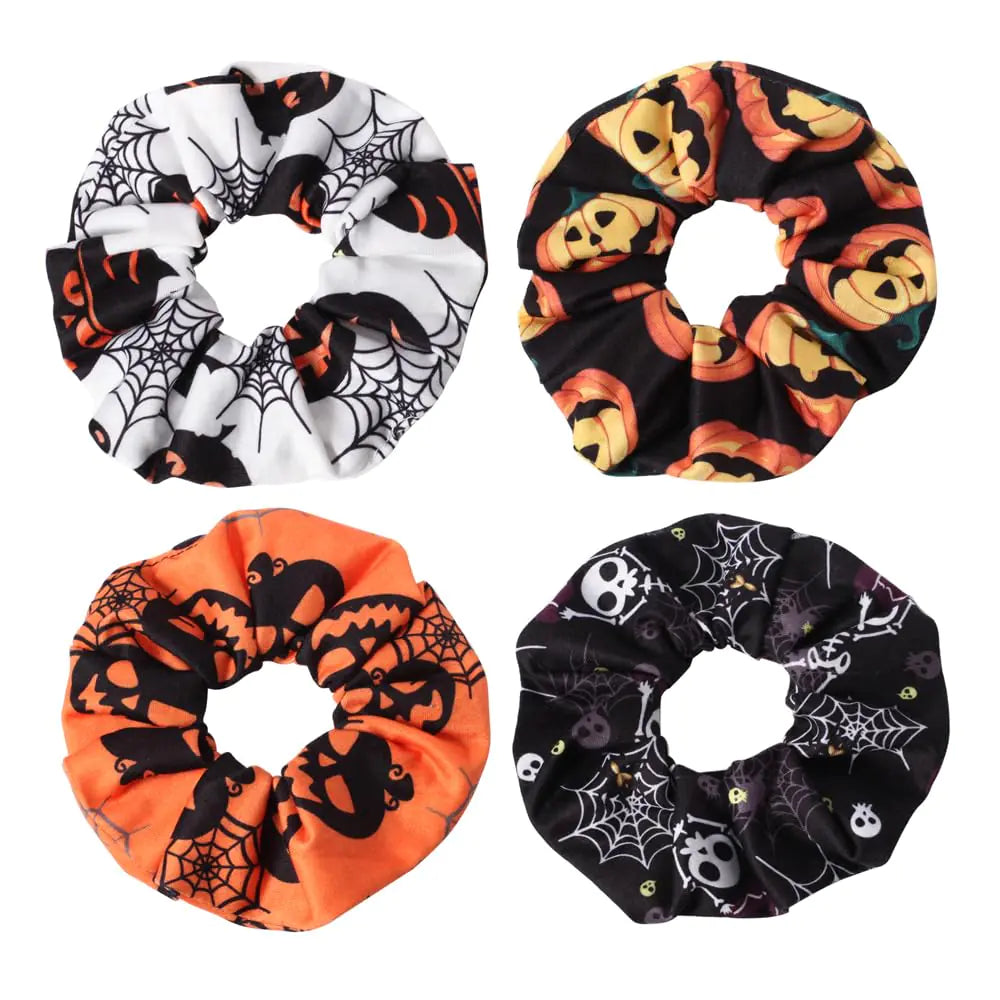 4pcs Halloween Hair Ties Elastics Hair Scrunchies Pumpkin Ghost Skeleton Spider Web Bats Hair Accessories for Women Girls Ponytail Holder Hair Band Ropes