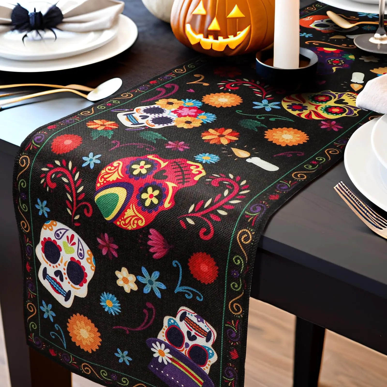 OurWarm Halloween Table Runner 72 inches Long Day of Dead Halloween Decor Indoor Skeleton Flowers Candles Halloween Table Decorations for Kitchen Indoor Outdoor Home Party