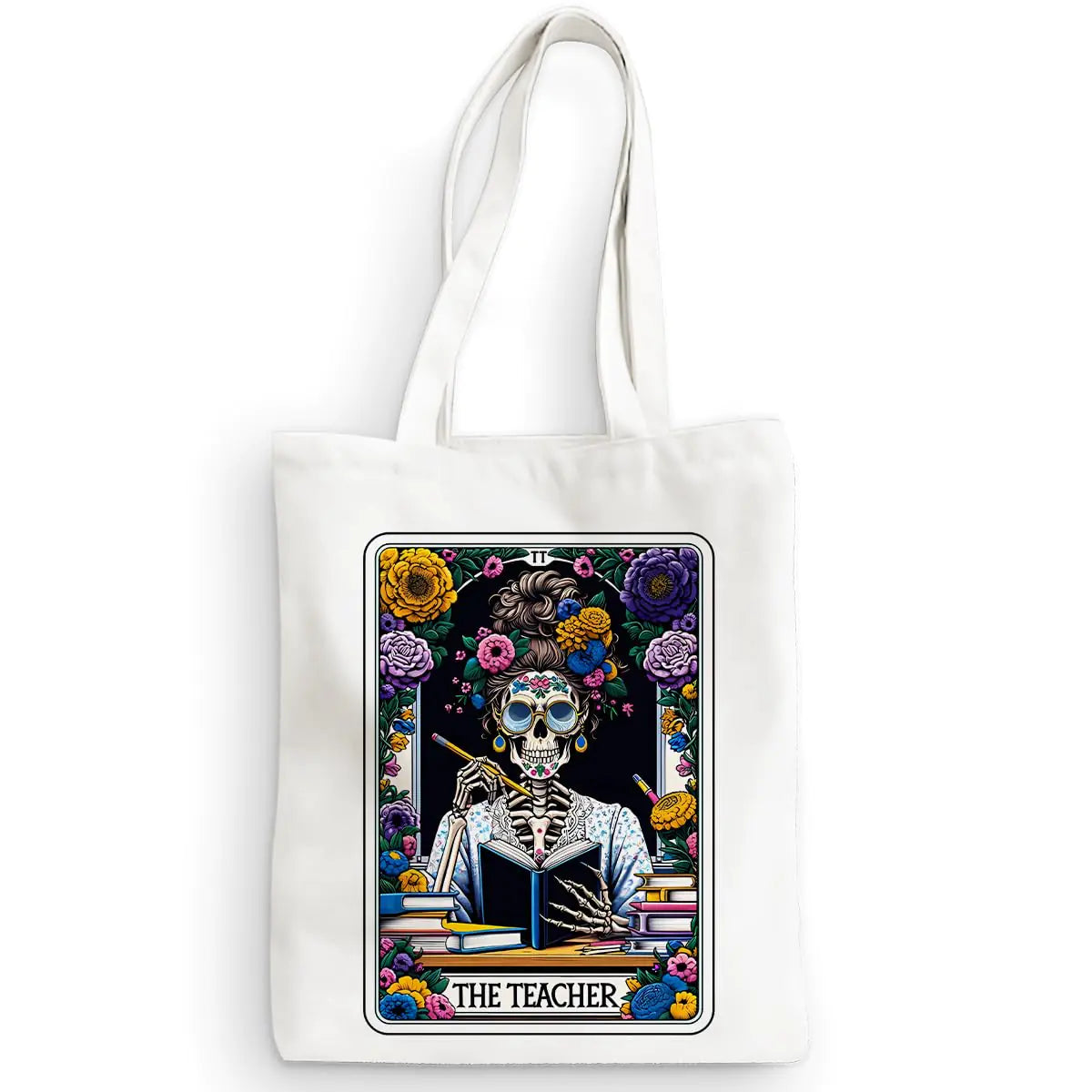 Funny Teacher Skeleton Tarot Card Canvas Tote Bag Sarcastic Skull Teacher Gifts Shopping Bags Witch Stuff Witchy Gifts for Women Her Reusable Grocery Bags for Teacher Appreciation Halloween Christmas