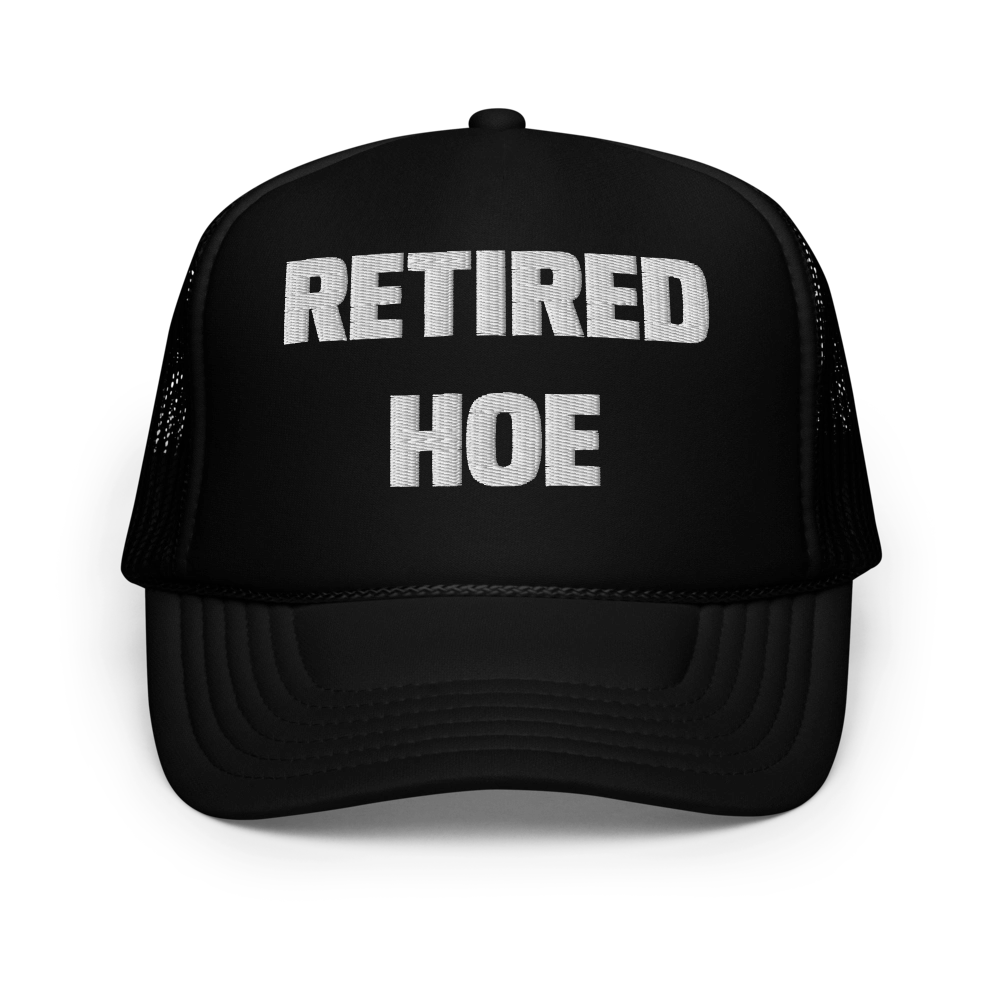 MUSCLEXXX Retired & Thriving black foam trucker cap with white embroidered text – adjustable snap closure on white background