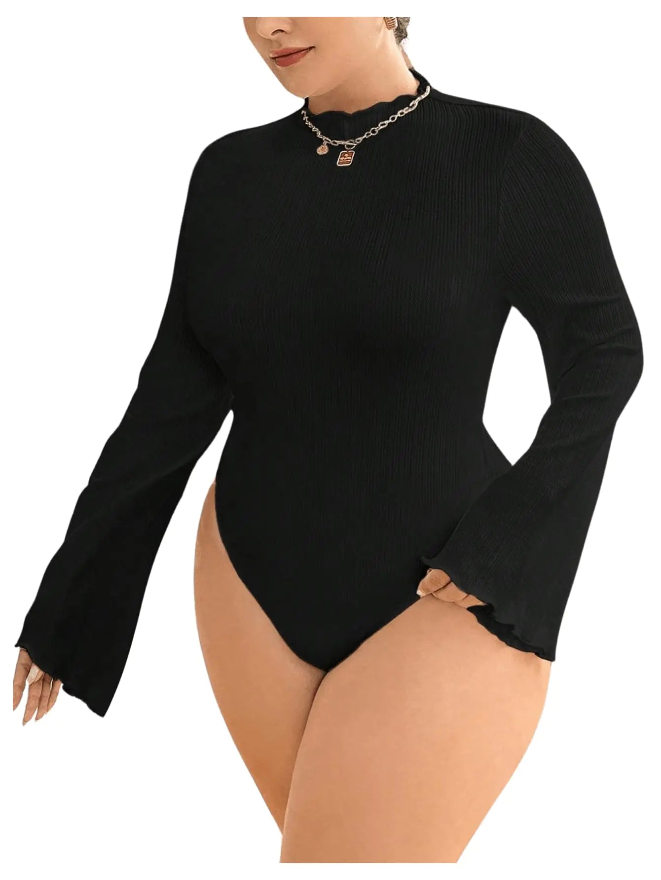 SOLY HUX Womens Plus Size Bodysuit Mock Neck Bell Long Sleeve Bodysuit T Shirt Tops Plain Black 2XL