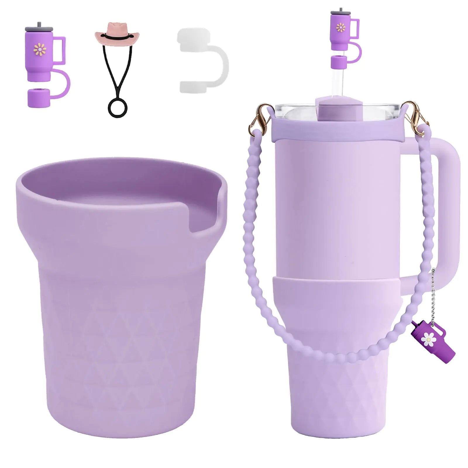High Silicone Boot for Stanley 40oz Tumbler Accessories Protective Water Bottle Bottom Compatible with Stanley Quencher 40oz Only 1PC Water Bottle Handle 3PCS Straw Cover Caps (Purple)