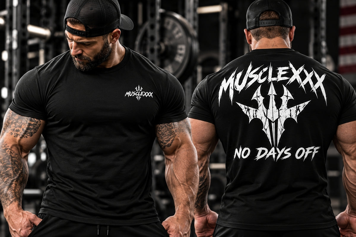 Muscular man wearing a black MUSCLEXXX fitted T-shirt in a gym, showing the small white logo on the left chest
