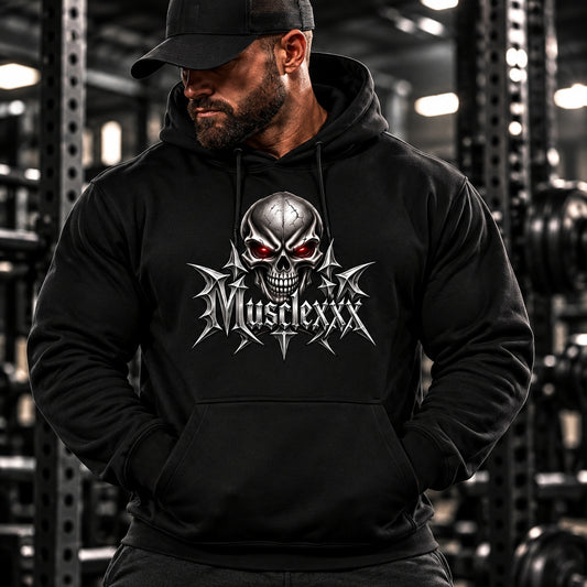 MUSCLEXXX men's skull graphic heavyweight hoodie for gym training and cold-weather wear
