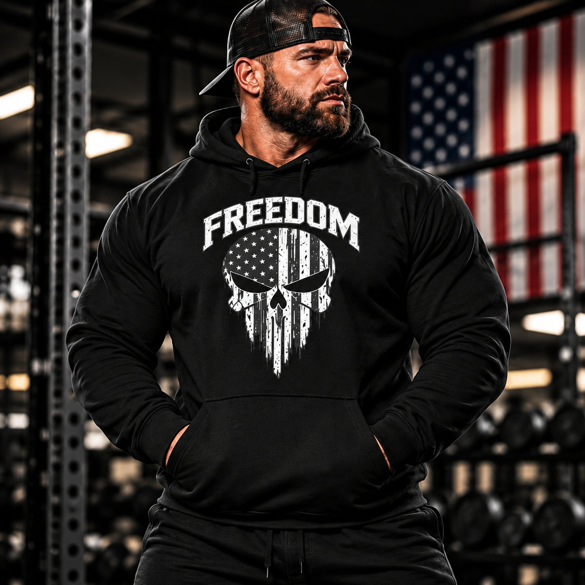 Black MUSCLEXXX Freedom Skull hoodie with a patriotic skull graphic on the front
