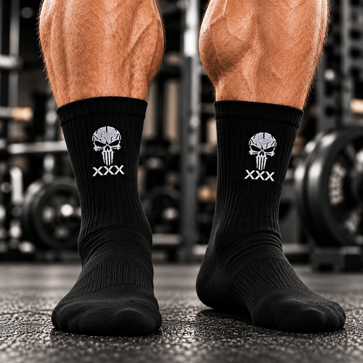 MUSCLEXXX skull embroidered cushioned cotton gym socks made in the USA
