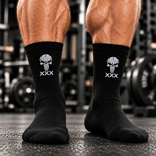 MUSCLEXXX skull embroidered cushioned cotton gym socks made in the USA
