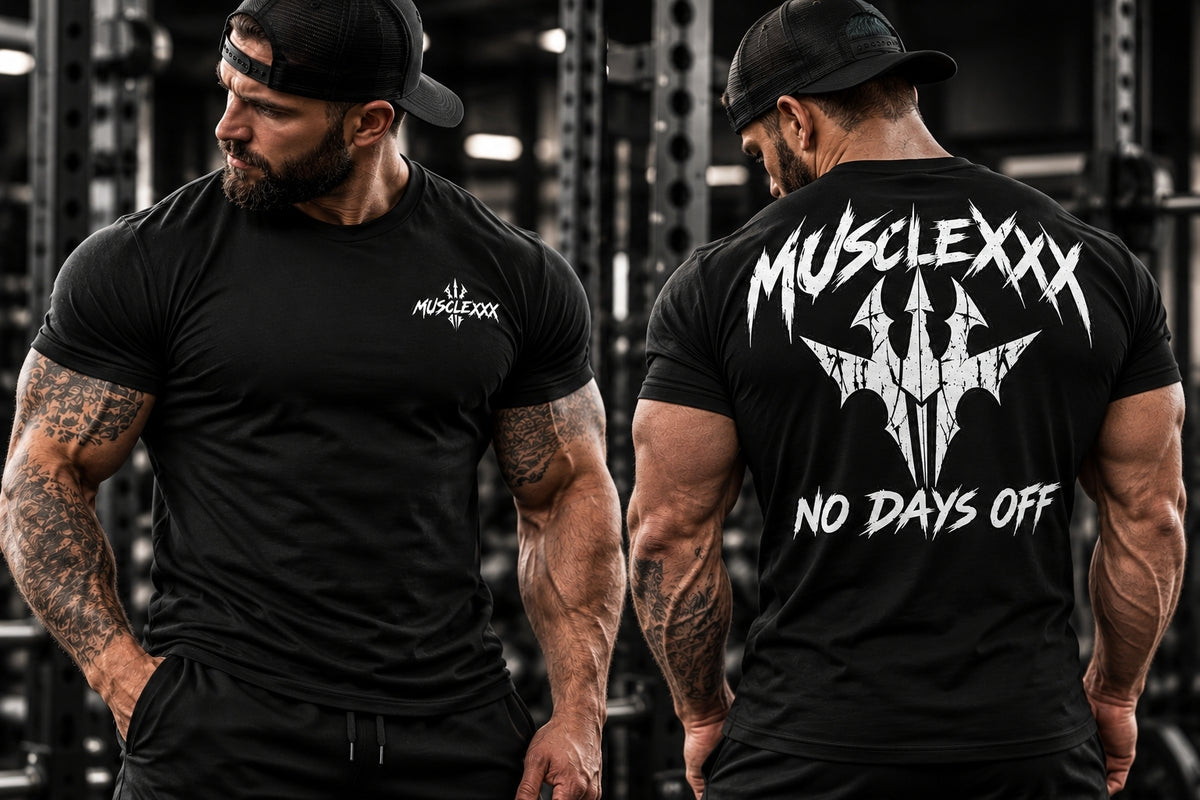 Back of a black MUSCLEXXX fitted T-shirt in a gym, showing the large white logo and “NO DAYS OFF” text
