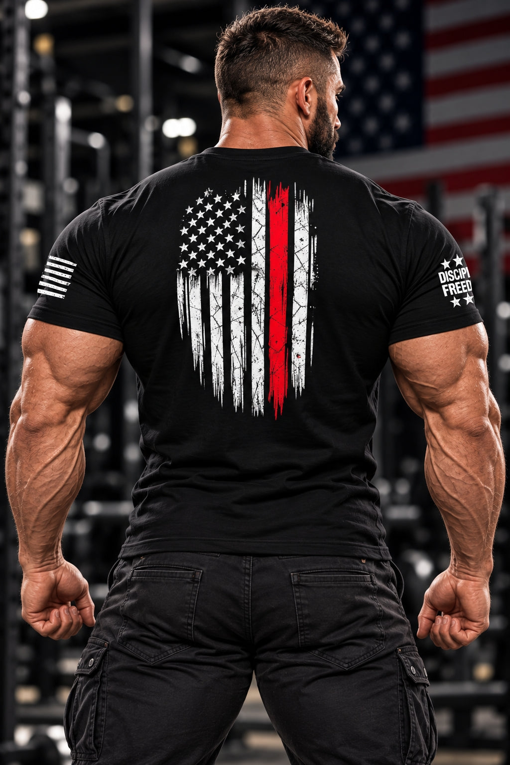 MUSCLEXXX patriotic American flag gym tee, back view
