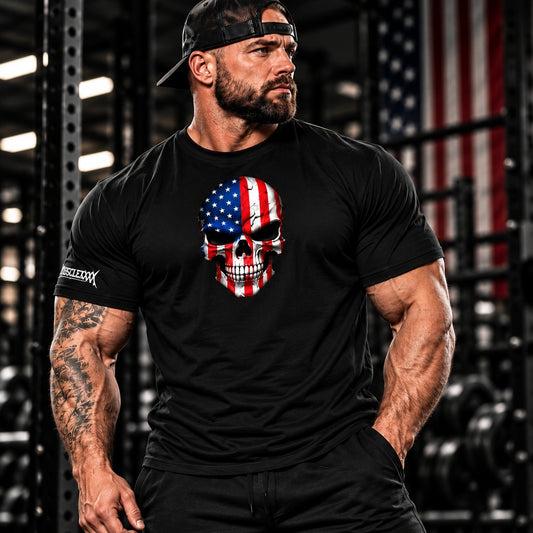 MUSCLEXXX American Skull patriotic graphic T-shirt for gym training and everyday wear
