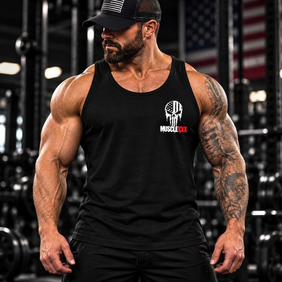 Black MUSCLEXXX skull tank top with relaxed fit
